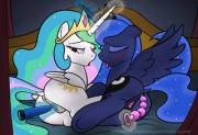 Princess Celestia and Princess Luna in bed [F/F] (artist: superchargedbronie)