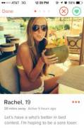 Tinder Girl's bikini bottom looks like a pull-up diaper.