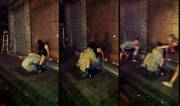 Drunk couple fucking on the street - drunk bystanders taking selfies.