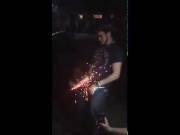 Rocketman shoots a bottle rocket from his appendage