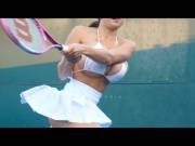 Elizabeth Anne plays tennis in bikini.