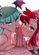 Yoko &amp; Morrigan's double blowjob (OptionalTypo) [Darkstalkers; Gurren Lagann]